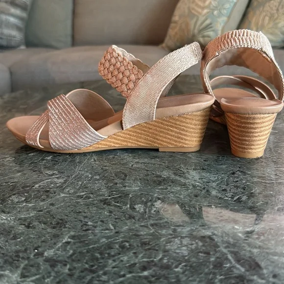 XIANGLV Women’s SZ 6 Sparkly Pale Pink Braided Stretch Strap Wedge Heel Sandals - Picture 9 of 12